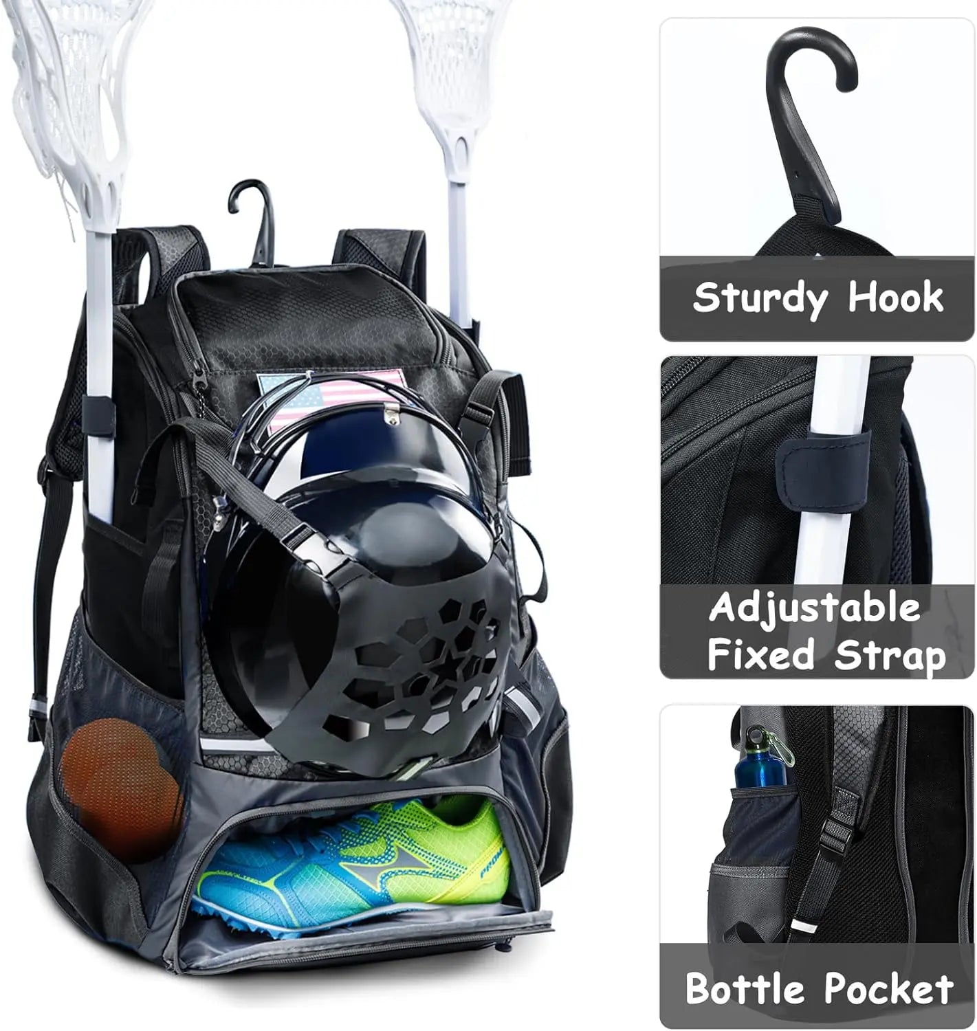 VIGEGAR Lacrosse Bag with Lacrosse Stick Holder, Lacrosse Backpack with Helmet Holder, Separate Shoe Space(Up to US Mens 13), with Pockets for Lacrosse Gear, Lacrosse Accessories - offpricesports