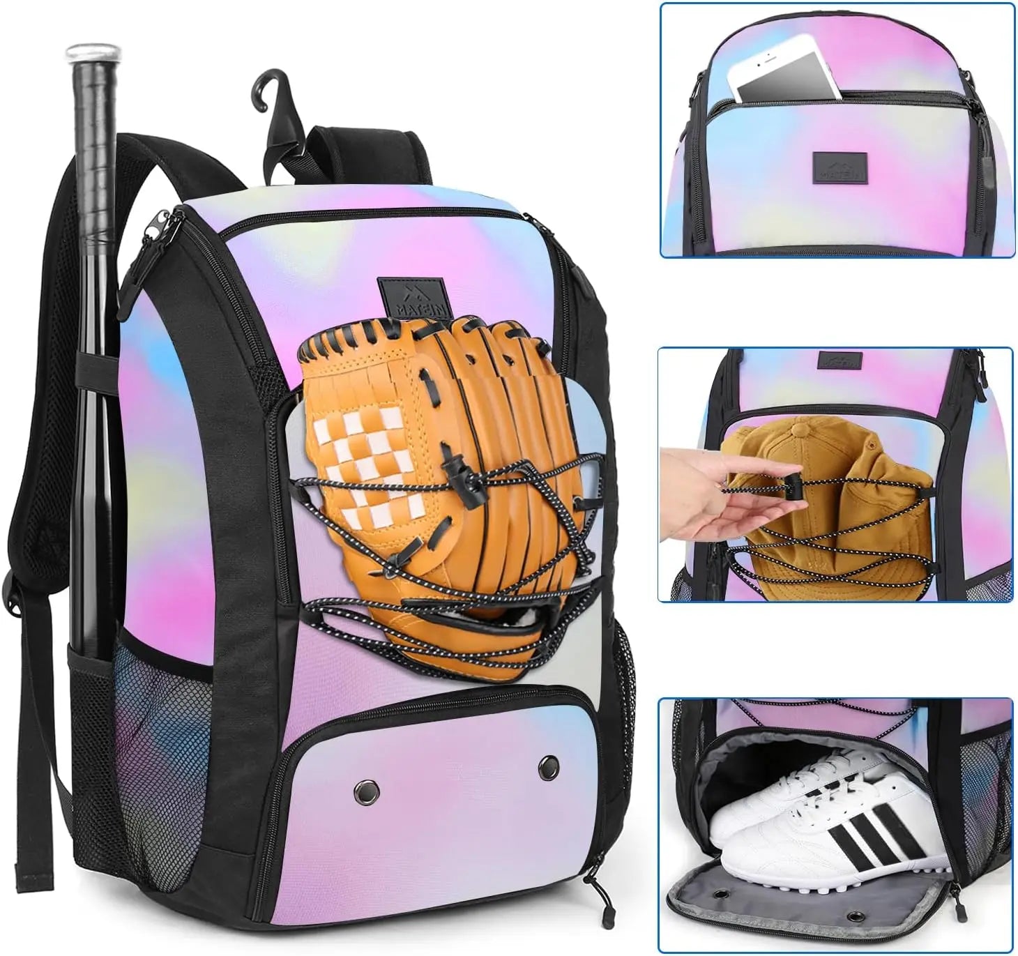 MATEIN Baseball Backpack, Softball Bat Bag with Shoes Compartment for Youth, Boys and Adult, Lightweight Baseball Bag with Fence Hook Hold TBall Bat, Batting Mitten, Helmet, Caps, Teeball Gear - offpricesports