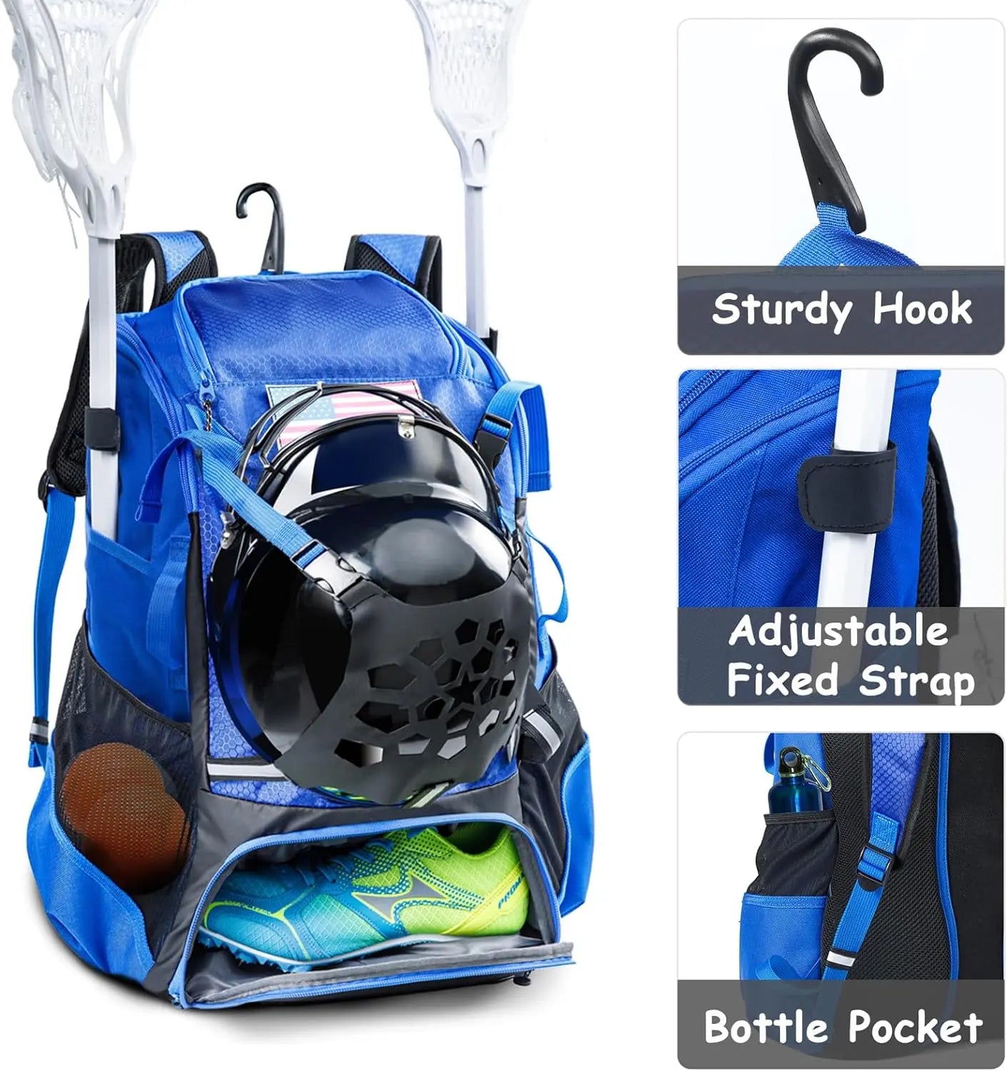 VIGEGAR Lacrosse Bag with Lacrosse Stick Holder, Lacrosse Backpack with Helmet Holder, Separate Shoe Space(Up to US Mens 13), with Pockets for Lacrosse Gear, Lacrosse Accessories - offpricesports