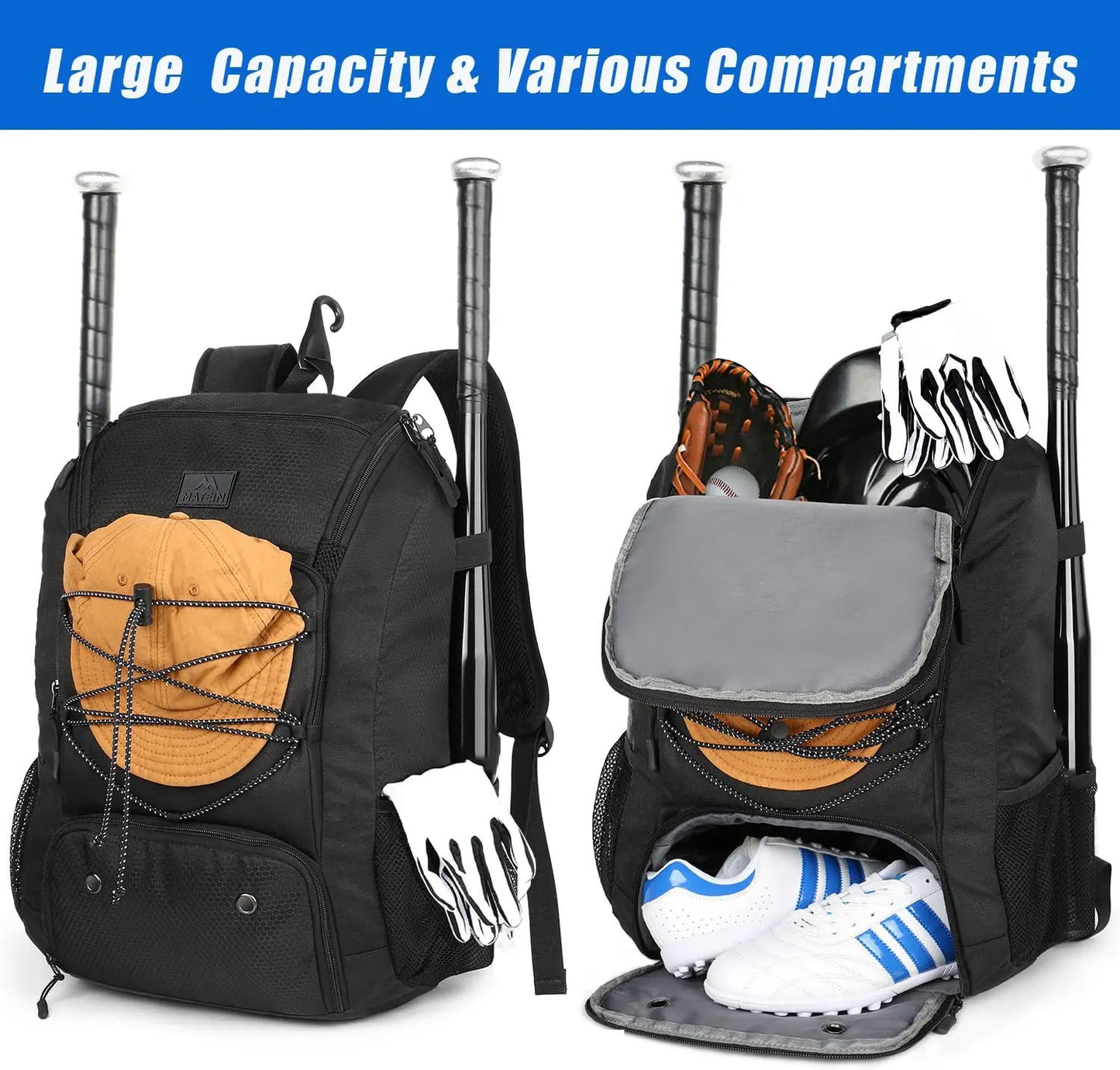 MATEIN Baseball Backpack, Softball Bat Bag with Shoes Compartment for Youth, Boys and Adult, Lightweight Baseball Bag with Fence Hook Hold TBall Bat, Batting Mitten, Helmet, Caps, Teeball Gear - offpricesports