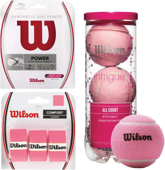 Wilson Pink Pro Accessory Starter Pack - Bundle with A Set of Wilson Synthetic Gut Power 16g Pink Tennis String, 3-Pack Pink Pro Overgrip, 3-Ball Can Intrigue All Court Tennis Balls - offpricesports