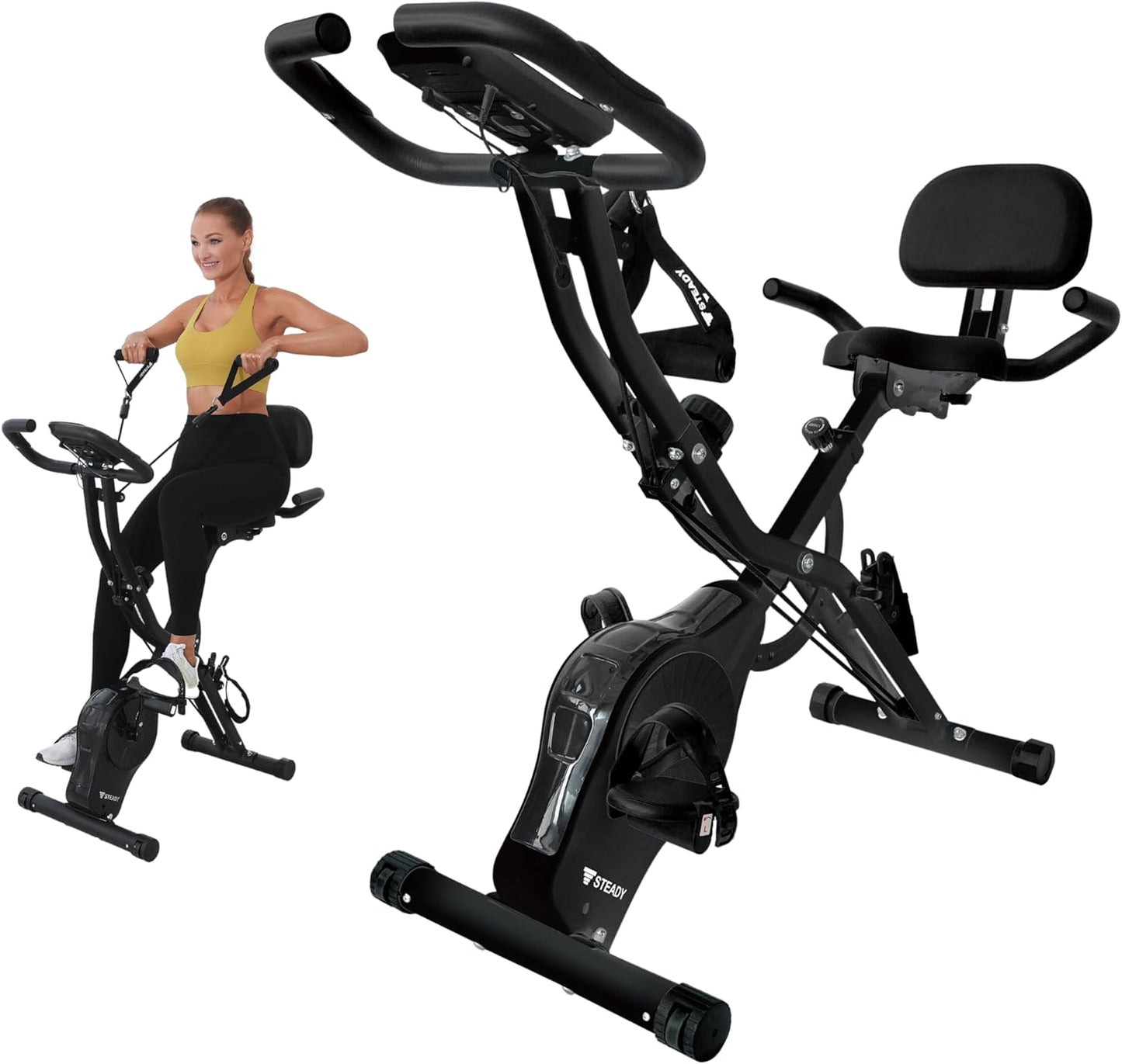 STEADY JAPAN Folding Exercise Bike, Stationary Bikes for Home with Arm Workout Bands, Indoor Fitness Bike - offpricesports