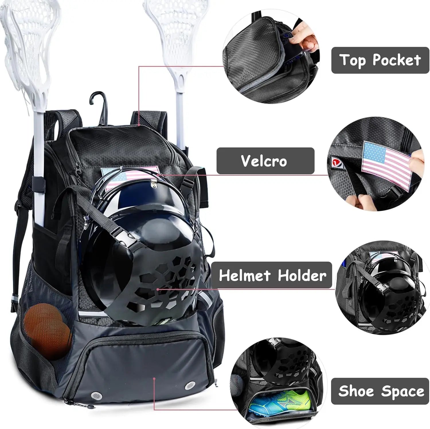 VIGEGAR Lacrosse Bag with Lacrosse Stick Holder, Lacrosse Backpack with Helmet Holder, Separate Shoe Space(Up to US Mens 13), with Pockets for Lacrosse Gear, Lacrosse Accessories - offpricesports