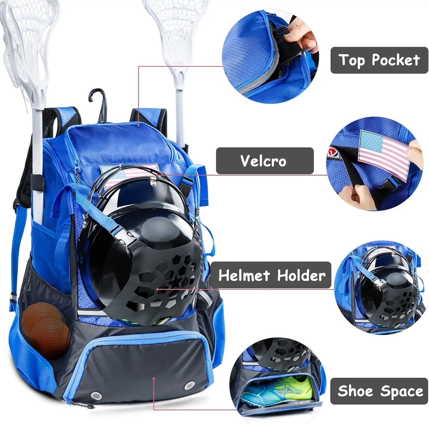 VIGEGAR Lacrosse Bag with Lacrosse Stick Holder, Lacrosse Backpack with Helmet Holder, Separate Shoe Space(Up to US Mens 13), with Pockets for Lacrosse Gear, Lacrosse Accessories - offpricesports