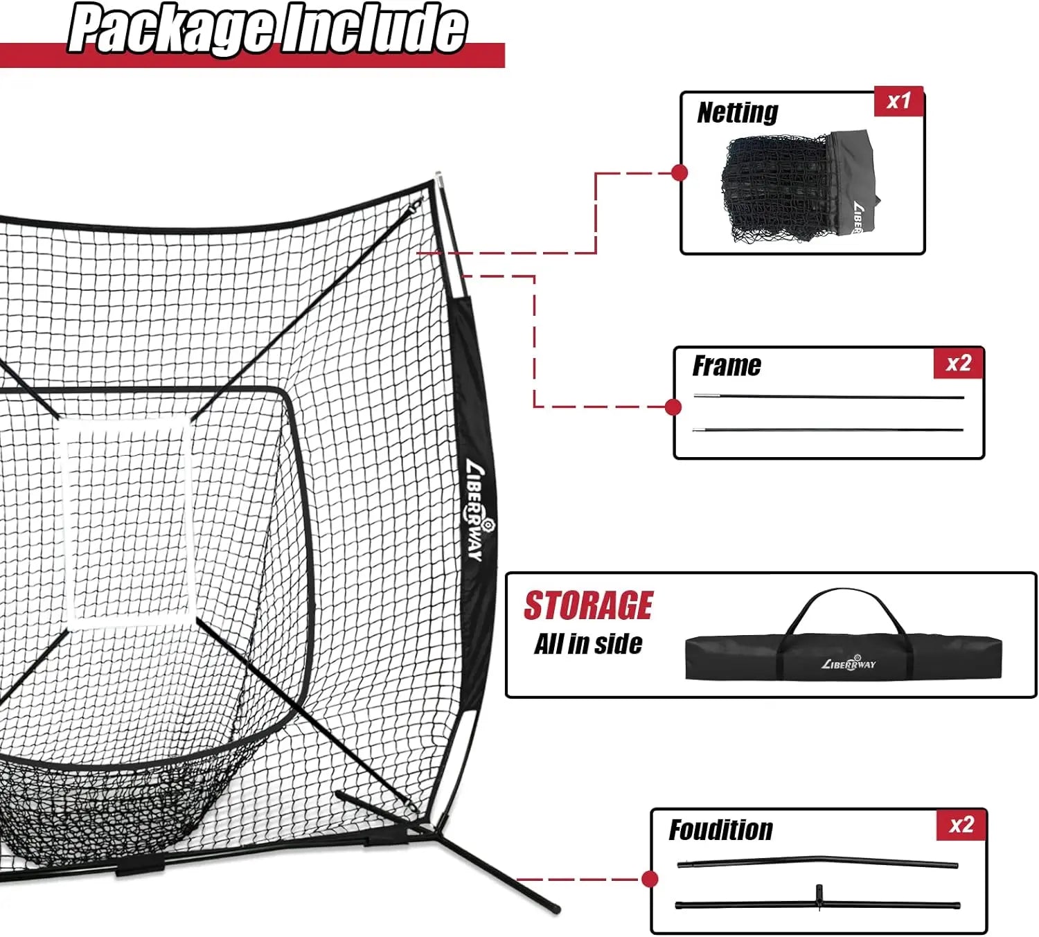 LIBERRWAY Baseball and Softball Practice Net 7×7ft Portable Hitting Pitching Batting Training Net Baseball Backstop Net with Batting Tee Ball Caddy Strike Zone Bow Frame Baseballs Carry Bag Black Red offpricesports