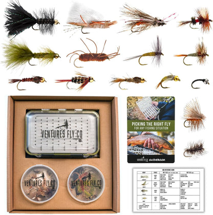 Ventures Fly Co. | 40 Premium Hand Tied Fly Fishing Flies Assortment | Fly Box Included | Dry, Wet, Nymphs, Streamers, Wooly Buggers, Terrestrials | Trout, Bass Lure Set, Kit - offpricesports