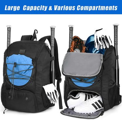 MATEIN Baseball Backpack, Softball Bat Bag with Shoes Compartment for Youth, Boys and Adult, Lightweight Baseball Bag with Fence Hook Hold TBall Bat, Batting Mitten, Helmet, Caps, Teeball Gear - offpricesports