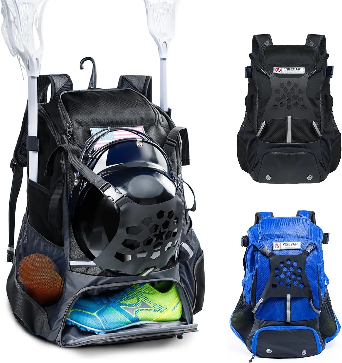 VIGEGAR Lacrosse Bag with Lacrosse Stick Holder, Lacrosse Backpack with Helmet Holder, Separate Shoe Space(Up to US Mens 13), with Pockets for Lacrosse Gear, Lacrosse Accessories - offpricesports