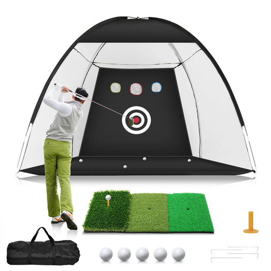 Golf Net, 10x7ft Golf Practice Net with Tri-Turf Golf Mat, All in 1 Home Golf Hitting Aid Nets for Backyard Driving Chipping Swing Training with Target/Mat/Balls/Tee/Bag - Gift for Men/Golf Lovers - offpricesports