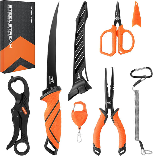 KastKing SteelStream 6pc Fishing Tool Kit - Corrosion Resistant Fishing Pliers with Lanyard, Fillet Knife, Floating Fish Lip Gripper, Fishing Braid Scissors, Tool Retractor, Fishing Gifts for Men - offpricesports