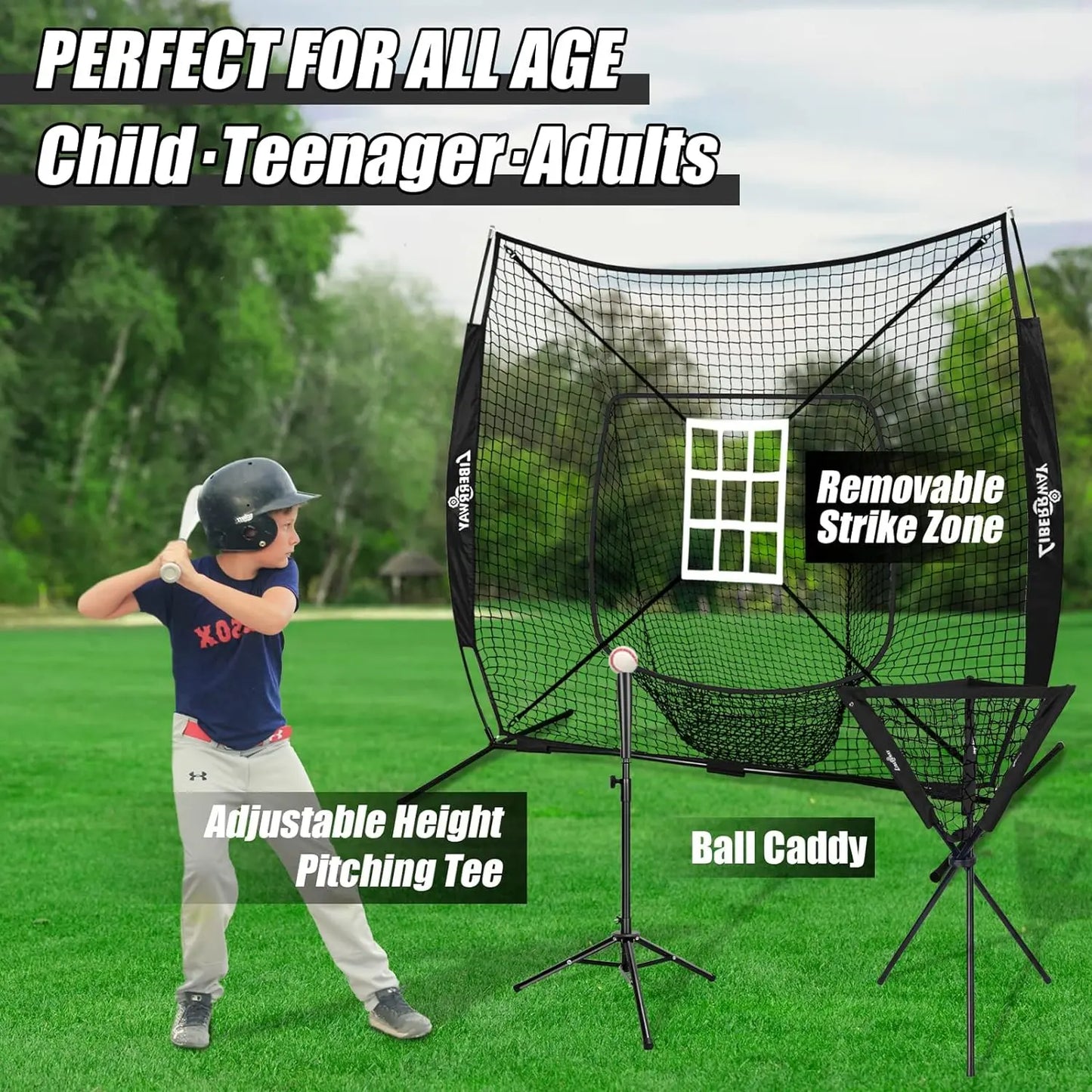 LIBERRWAY Baseball and Softball Practice Net 7×7ft Portable Hitting Pitching Batting Training Net Baseball Backstop Net with Batting Tee Ball Caddy Strike Zone Bow Frame Baseballs Carry Bag Black Red offpricesports