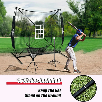 LIBERRWAY Baseball and Softball Practice Net 7×7ft Portable Hitting Pitching Batting Training Net Baseball Backstop Net with Batting Tee Ball Caddy Strike Zone Bow Frame Baseballs Carry Bag Black Red offpricesports