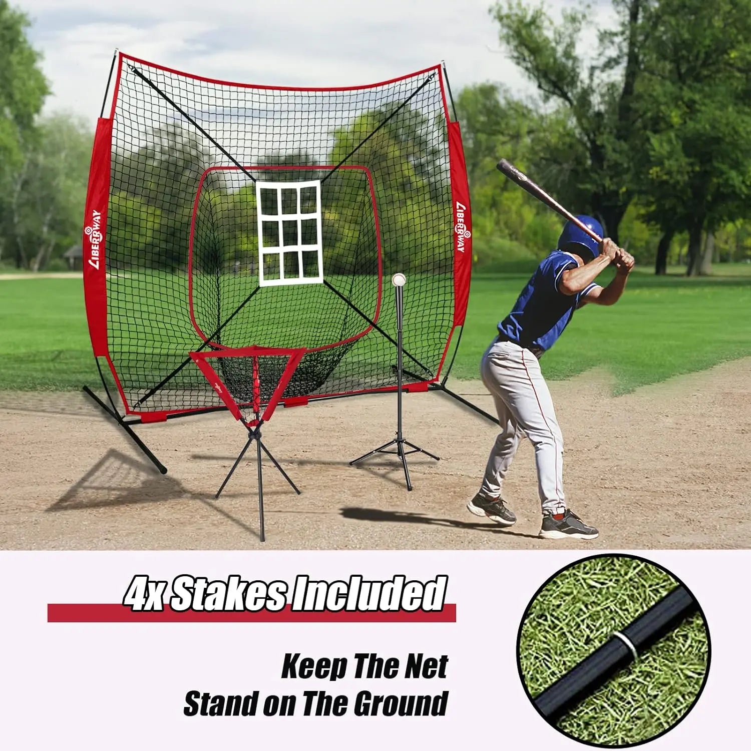 LIBERRWAY Baseball and Softball Practice Net 7×7ft Portable Hitting Pitching Batting Training Net Baseball Backstop Net with Batting Tee Ball Caddy Strike Zone Bow Frame Baseballs Carry Bag Black Red offpricesports