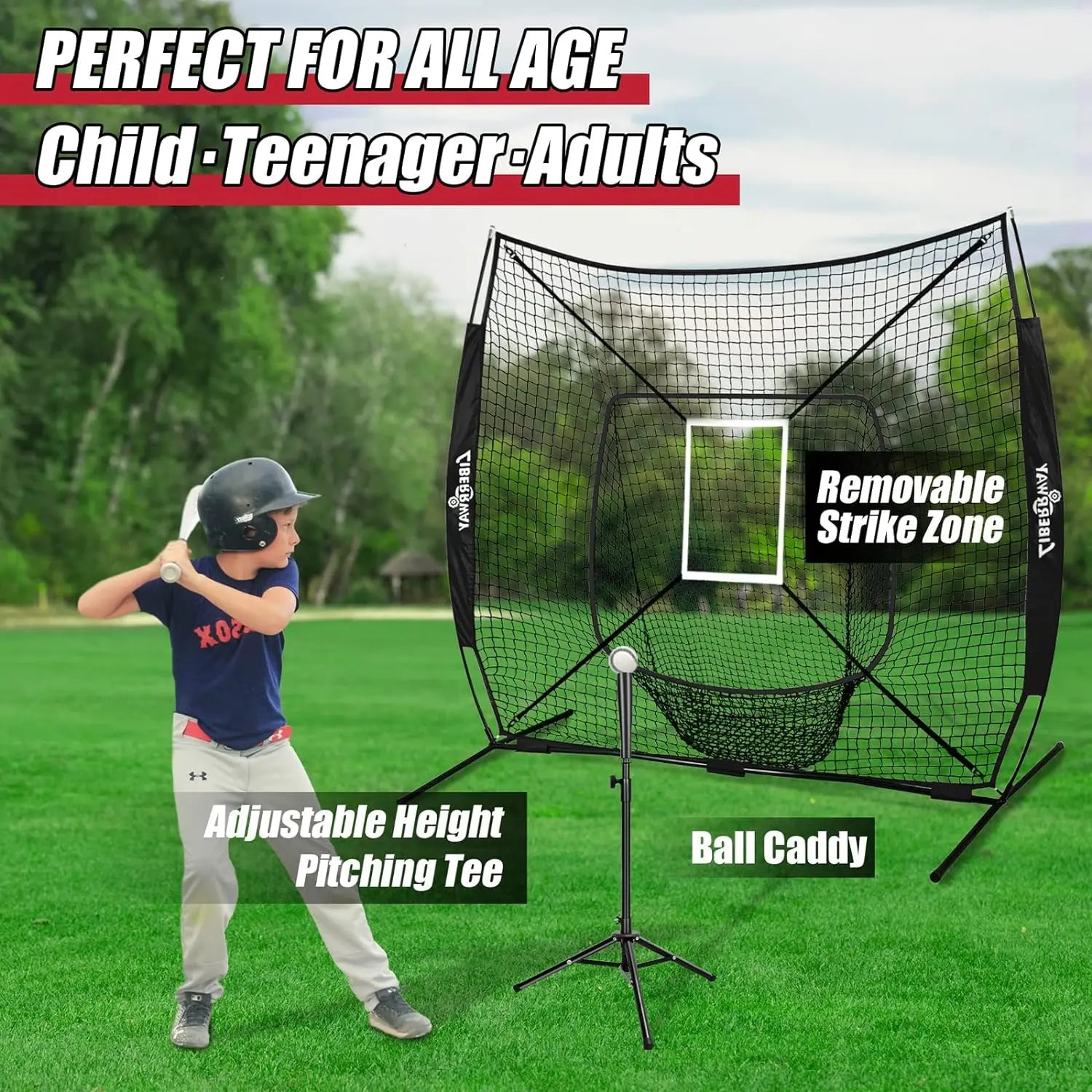 LIBERRWAY Baseball and Softball Practice Net 7×7ft Portable Hitting Pitching Batting Training Net Baseball Backstop Net with Batting Tee Ball Caddy Strike Zone Bow Frame Baseballs Carry Bag Black Red offpricesports