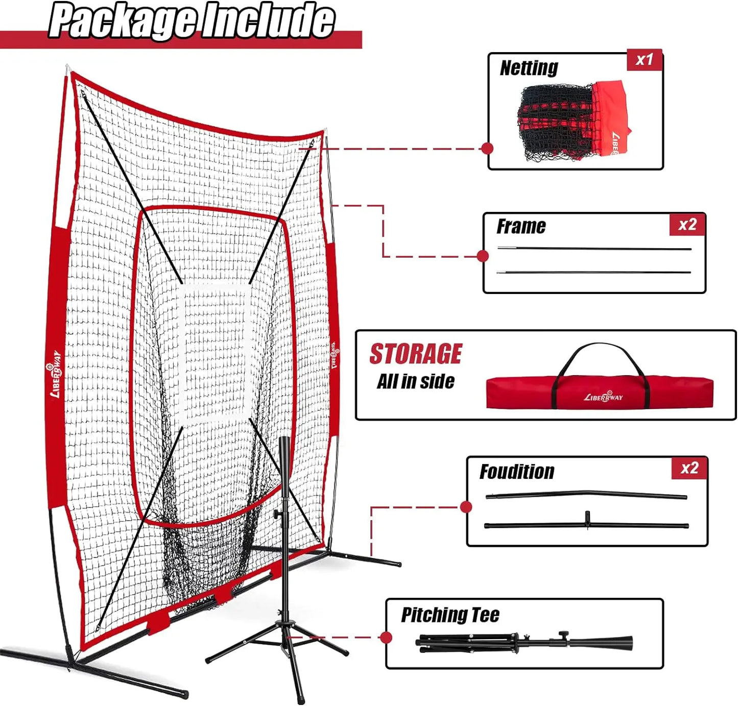 LIBERRWAY Baseball and Softball Practice Net 7×7ft Portable Hitting Pitching Batting Training Net Baseball Backstop Net with Batting Tee Ball Caddy Strike Zone Bow Frame Baseballs Carry Bag Black Red offpricesports