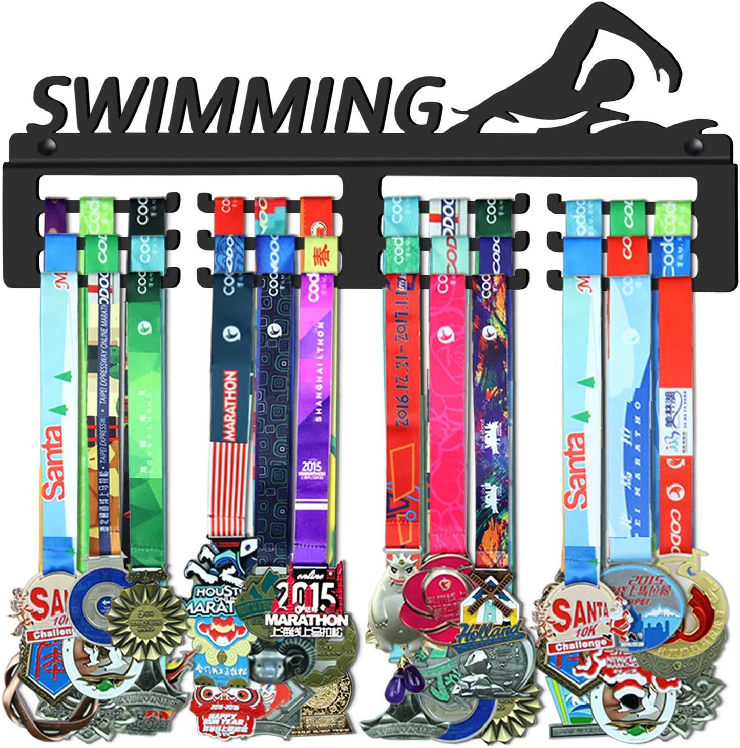 GENOVESE Swimming Medal Holder,Medals Display Hanger Rack for Swimmer,Black Sturdy Steel Metal,Wall Mount Over 50 Medals - offpricesports