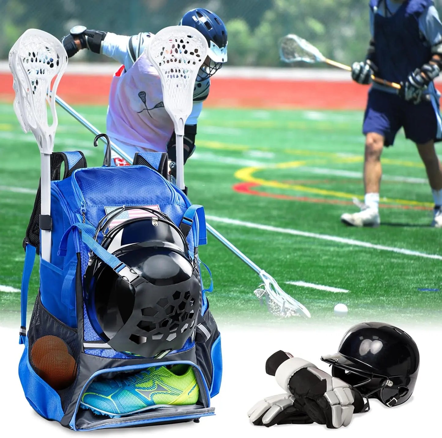 VIGEGAR Lacrosse Bag with Lacrosse Stick Holder, Lacrosse Backpack with Helmet Holder, Separate Shoe Space(Up to US Mens 13), with Pockets for Lacrosse Gear, Lacrosse Accessories - offpricesports