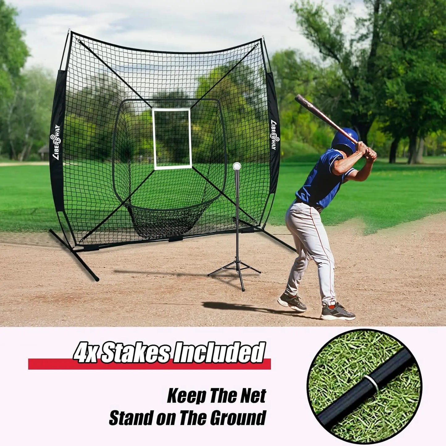 LIBERRWAY Baseball and Softball Practice Net 7×7ft Portable Hitting Pitching Batting Training Net Baseball Backstop Net with Batting Tee Ball Caddy Strike Zone Bow Frame Baseballs Carry Bag Black Red offpricesports