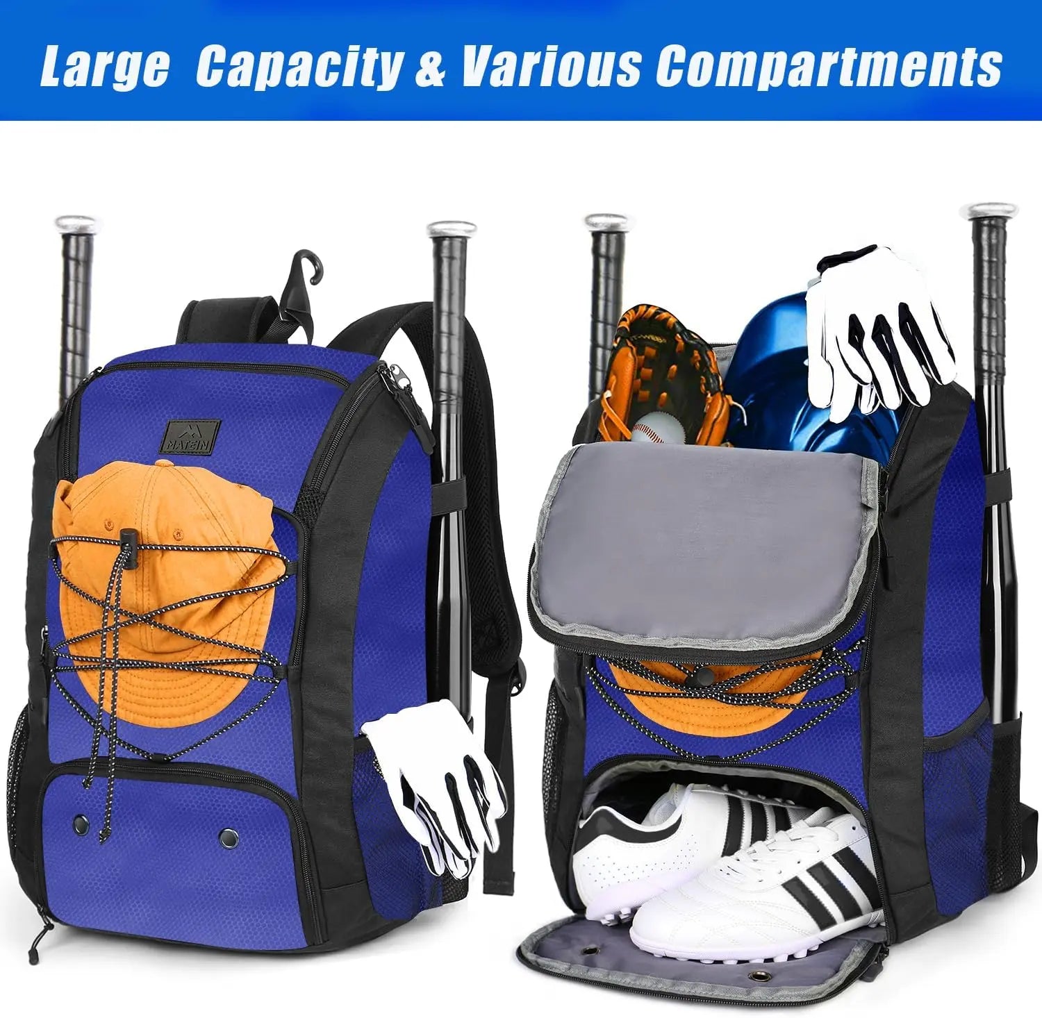 MATEIN Baseball Backpack, Softball Bat Bag with Shoes Compartment for Youth, Boys and Adult, Lightweight Baseball Bag with Fence Hook Hold TBall Bat, Batting Mitten, Helmet, Caps, Teeball Gear - offpricesports