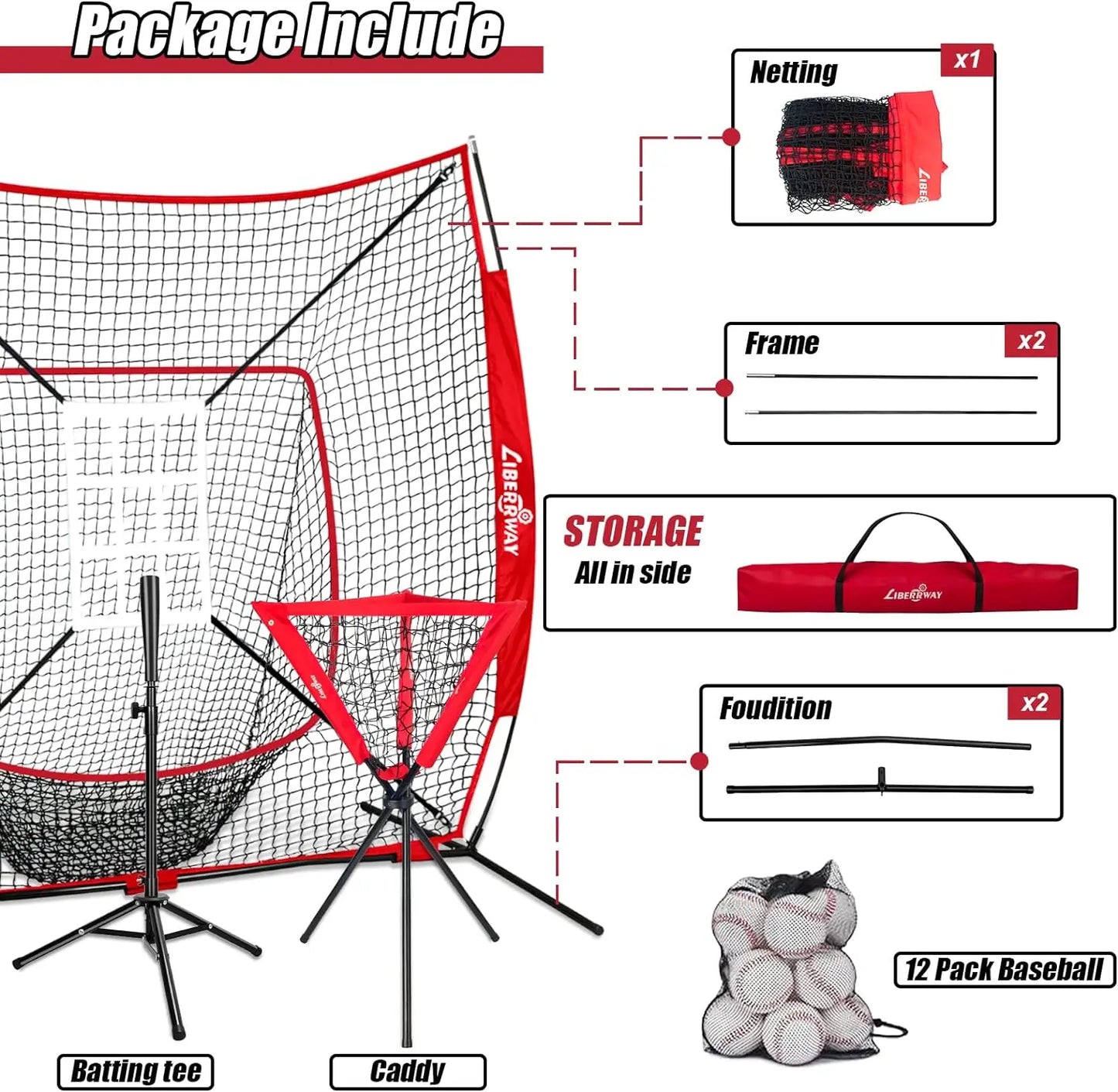 LIBERRWAY Baseball and Softball Practice Net 7×7ft Portable Hitting Pitching Batting Training Net Baseball Backstop Net with Batting Tee Ball Caddy Strike Zone Bow Frame Baseballs Carry Bag Black Red offpricesports