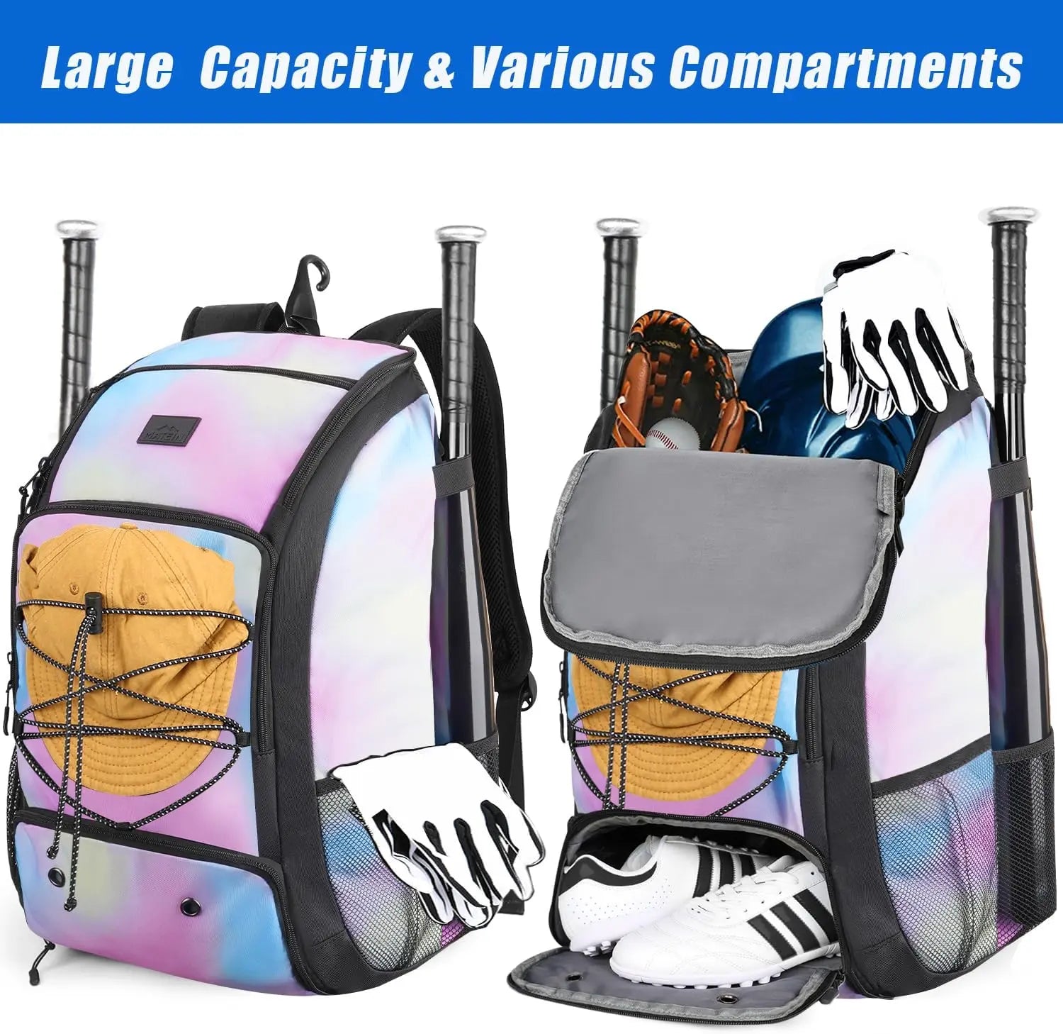 MATEIN Baseball Backpack, Softball Bat Bag with Shoes Compartment for Youth, Boys and Adult, Lightweight Baseball Bag with Fence Hook Hold TBall Bat, Batting Mitten, Helmet, Caps, Teeball Gear - offpricesports