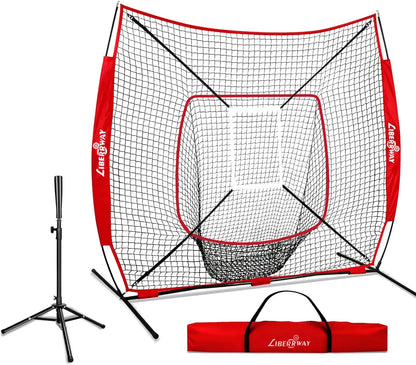 LIBERRWAY Baseball and Softball Practice Net 7×7ft Portable Hitting Pitching Batting Training Net Baseball Backstop Net with Batting Tee Ball Caddy Strike Zone Bow Frame Baseballs Carry Bag Black Red offpricesports