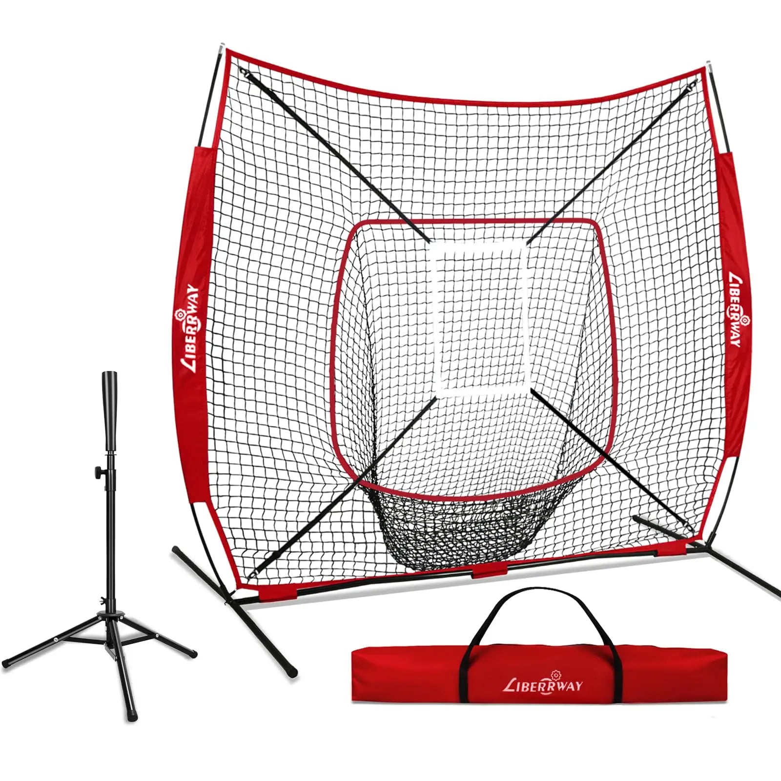 LIBERRWAY Baseball and Softball Practice Net 7×7ft Portable Hitting Pitching Batting Training Net Baseball Backstop Net with Batting Tee Ball Caddy Strike Zone Bow Frame Baseballs Carry Bag Black Red offpricesports