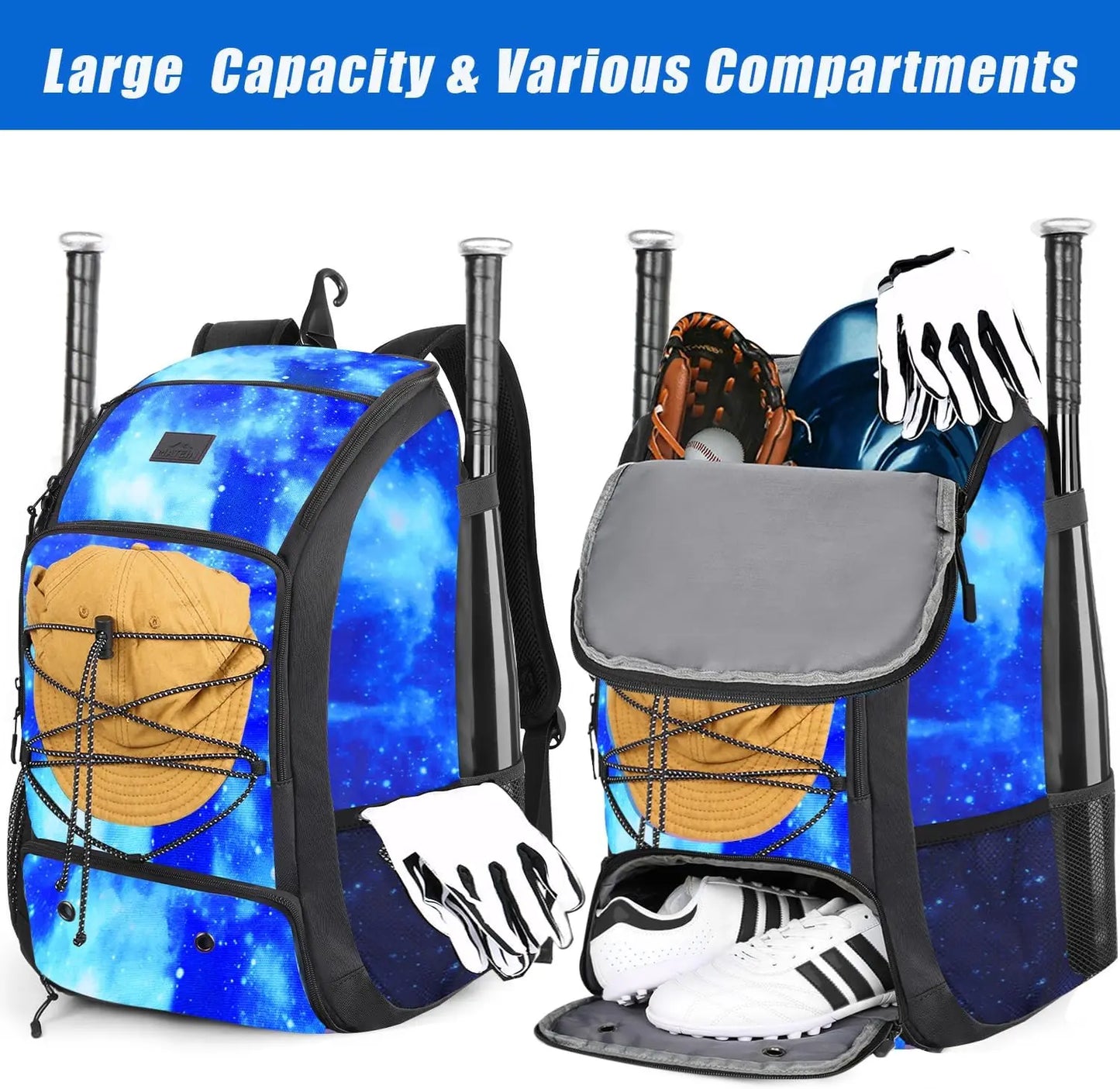 MATEIN Baseball Backpack, Softball Bat Bag with Shoes Compartment for Youth, Boys and Adult, Lightweight Baseball Bag with Fence Hook Hold TBall Bat, Batting Mitten, Helmet, Caps, Teeball Gear - offpricesports