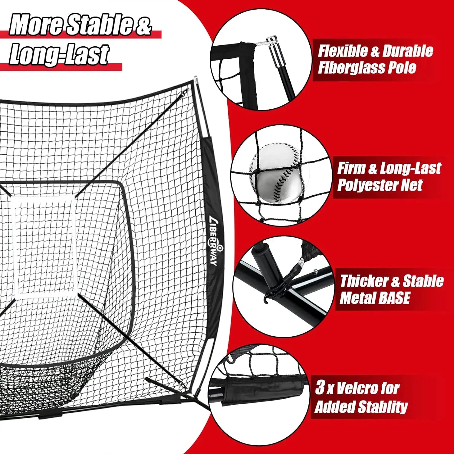 LIBERRWAY Baseball and Softball Practice Net 7×7ft Portable Hitting Pitching Batting Training Net Baseball Backstop Net with Batting Tee Ball Caddy Strike Zone Bow Frame Baseballs Carry Bag Black Red offpricesports