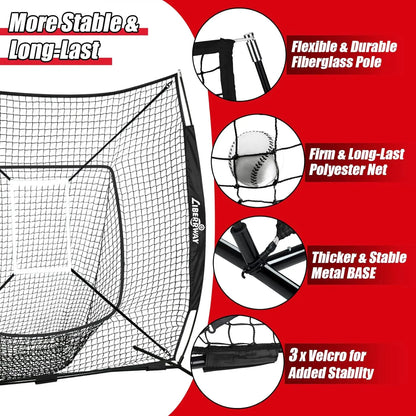 LIBERRWAY Baseball and Softball Practice Net 7×7ft Portable Hitting Pitching Batting Training Net Baseball Backstop Net with Batting Tee Ball Caddy Strike Zone Bow Frame Baseballs Carry Bag Black Red offpricesports