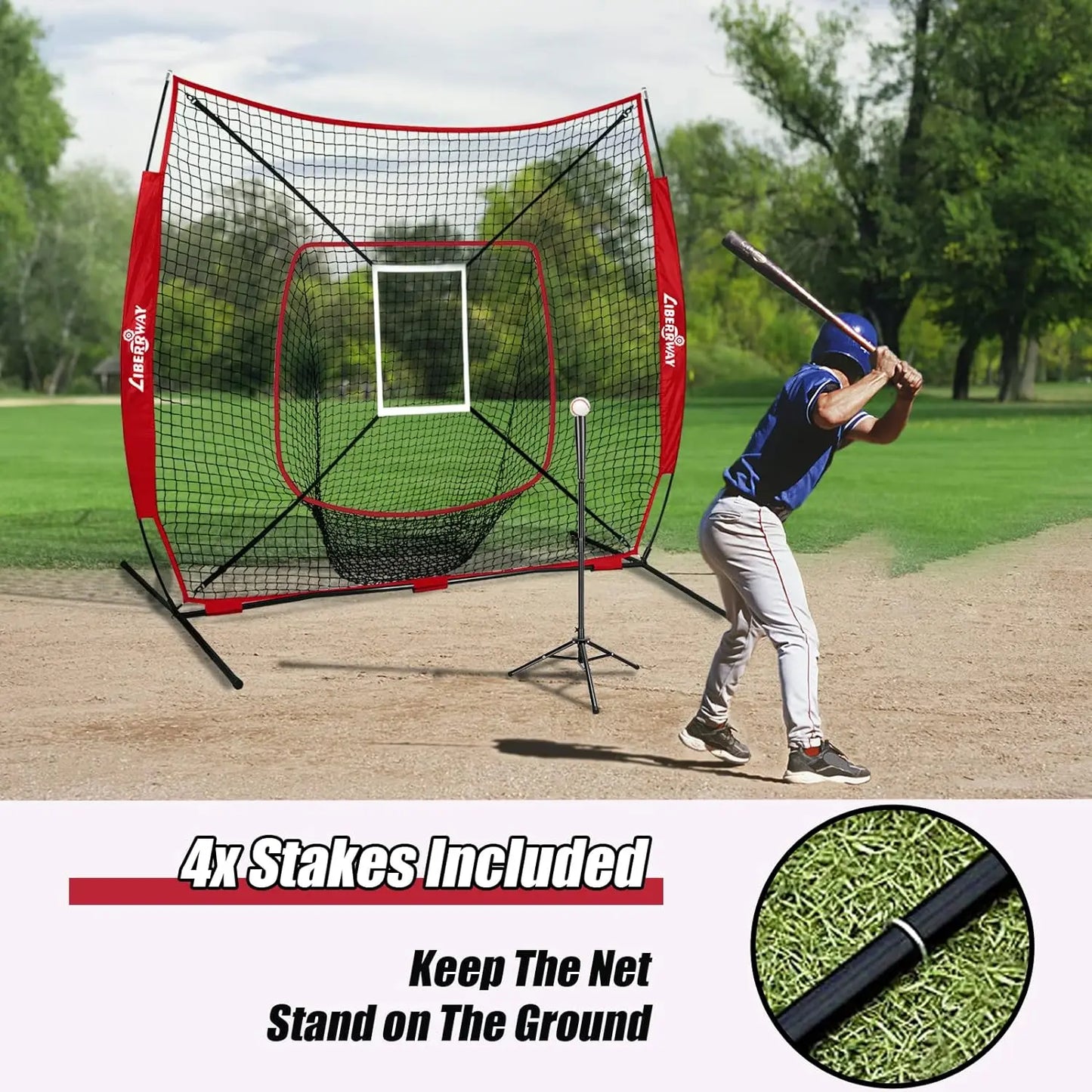 LIBERRWAY Baseball and Softball Practice Net 7×7ft Portable Hitting Pitching Batting Training Net Baseball Backstop Net with Batting Tee Ball Caddy Strike Zone Bow Frame Baseballs Carry Bag Black Red offpricesports