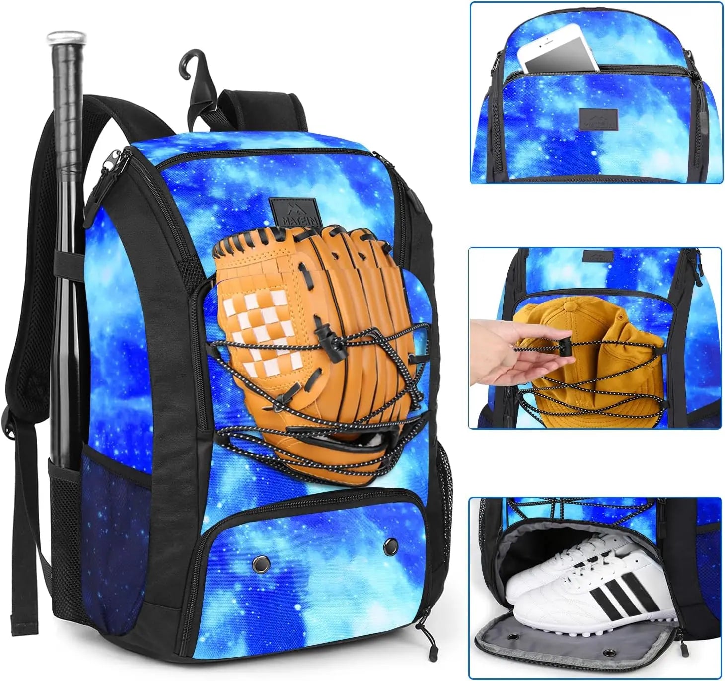 MATEIN Baseball Backpack, Softball Bat Bag with Shoes Compartment for Youth, Boys and Adult, Lightweight Baseball Bag with Fence Hook Hold TBall Bat, Batting Mitten, Helmet, Caps, Teeball Gear - offpricesports