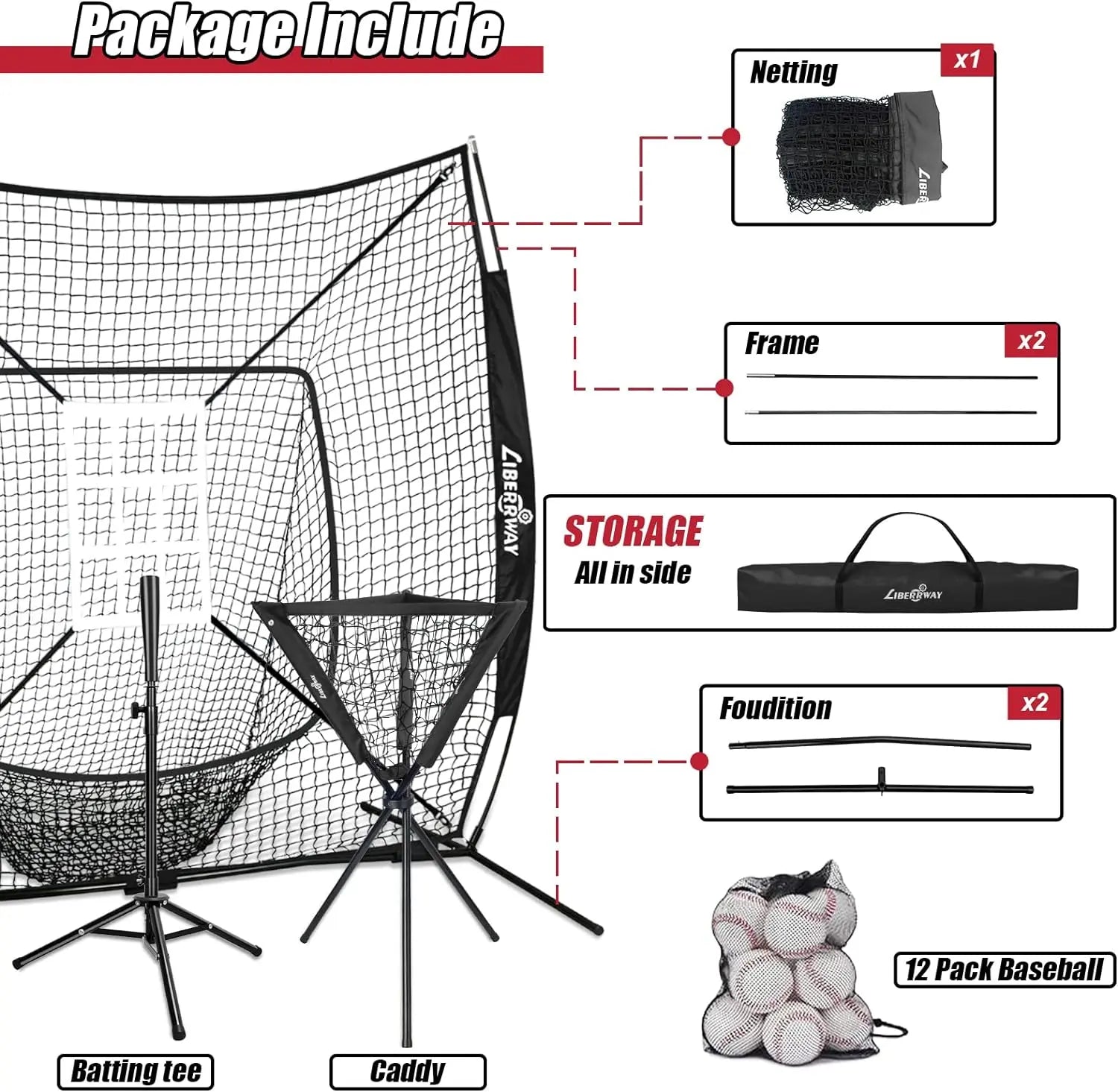 LIBERRWAY Baseball and Softball Practice Net 7×7ft Portable Hitting Pitching Batting Training Net Baseball Backstop Net with Batting Tee Ball Caddy Strike Zone Bow Frame Baseballs Carry Bag Black Red offpricesports