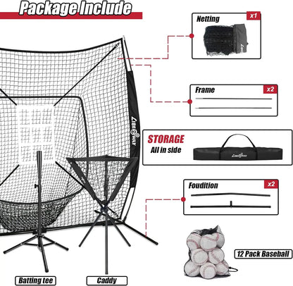 LIBERRWAY Baseball and Softball Practice Net 7×7ft Portable Hitting Pitching Batting Training Net Baseball Backstop Net with Batting Tee Ball Caddy Strike Zone Bow Frame Baseballs Carry Bag Black Red offpricesports