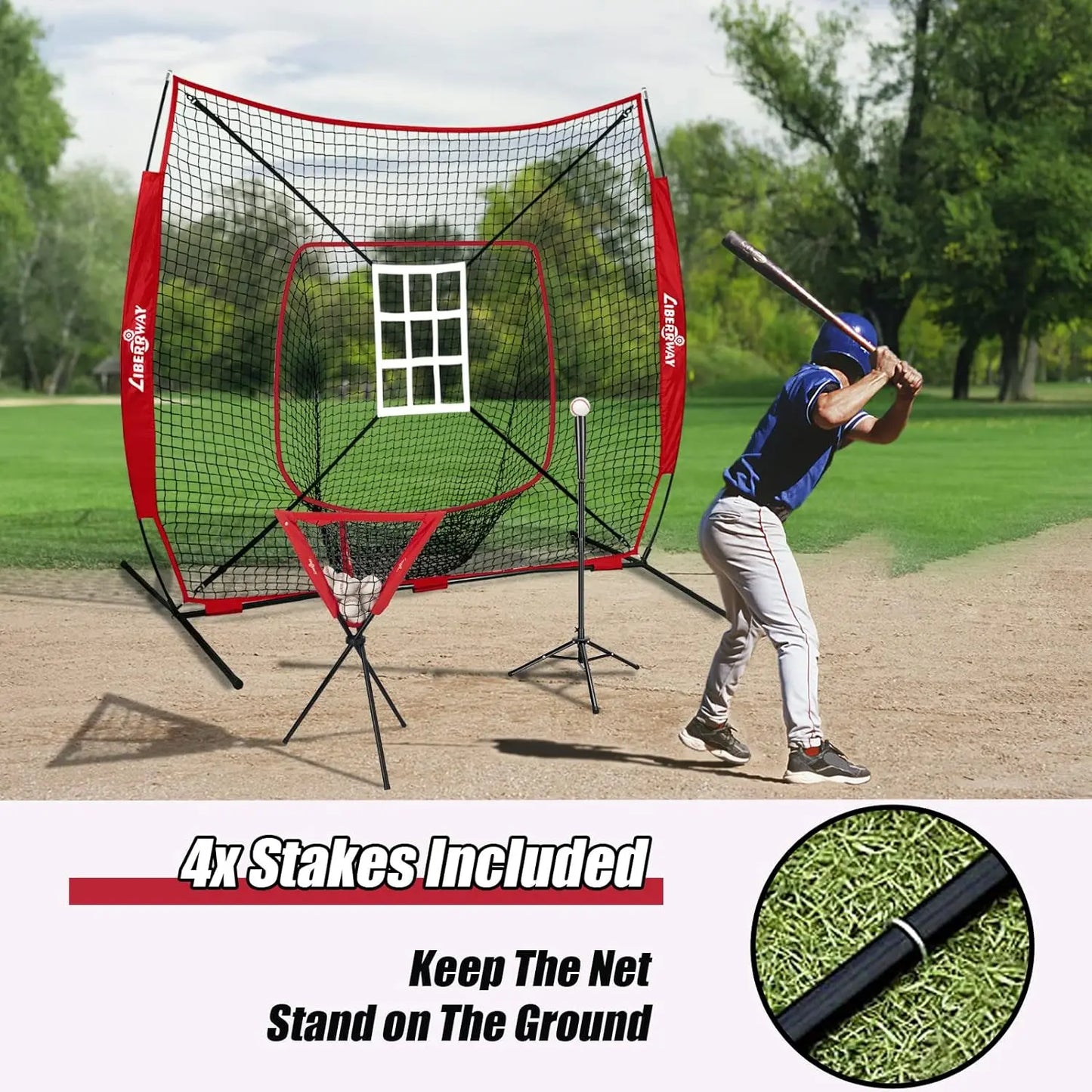 LIBERRWAY Baseball and Softball Practice Net 7×7ft Portable Hitting Pitching Batting Training Net Baseball Backstop Net with Batting Tee Ball Caddy Strike Zone Bow Frame Baseballs Carry Bag Black Red offpricesports