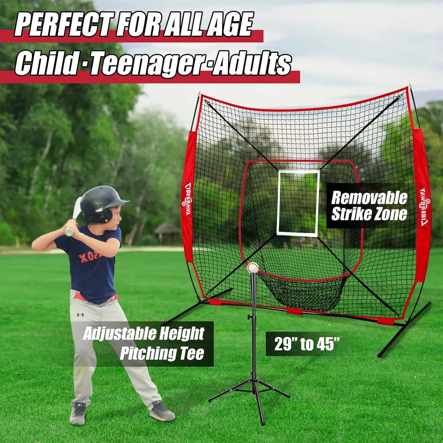 LIBERRWAY Baseball and Softball Practice Net 7×7ft Portable Hitting Pitching Batting Training Net Baseball Backstop Net with Batting Tee Ball Caddy Strike Zone Bow Frame Baseballs Carry Bag Black Red offpricesports