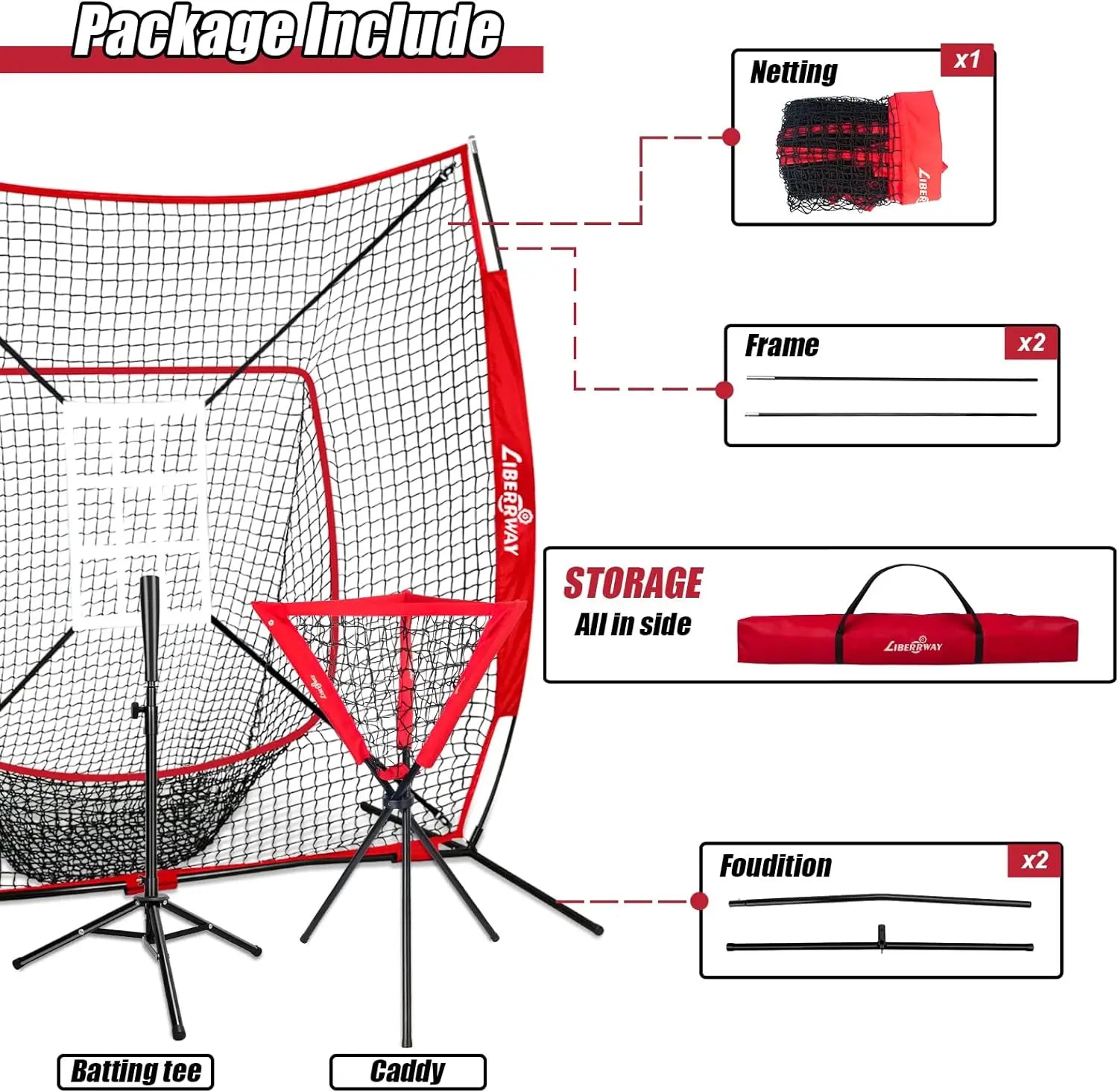 LIBERRWAY Baseball and Softball Practice Net 7×7ft Portable Hitting Pitching Batting Training Net Baseball Backstop Net with Batting Tee Ball Caddy Strike Zone Bow Frame Baseballs Carry Bag Black Red offpricesports