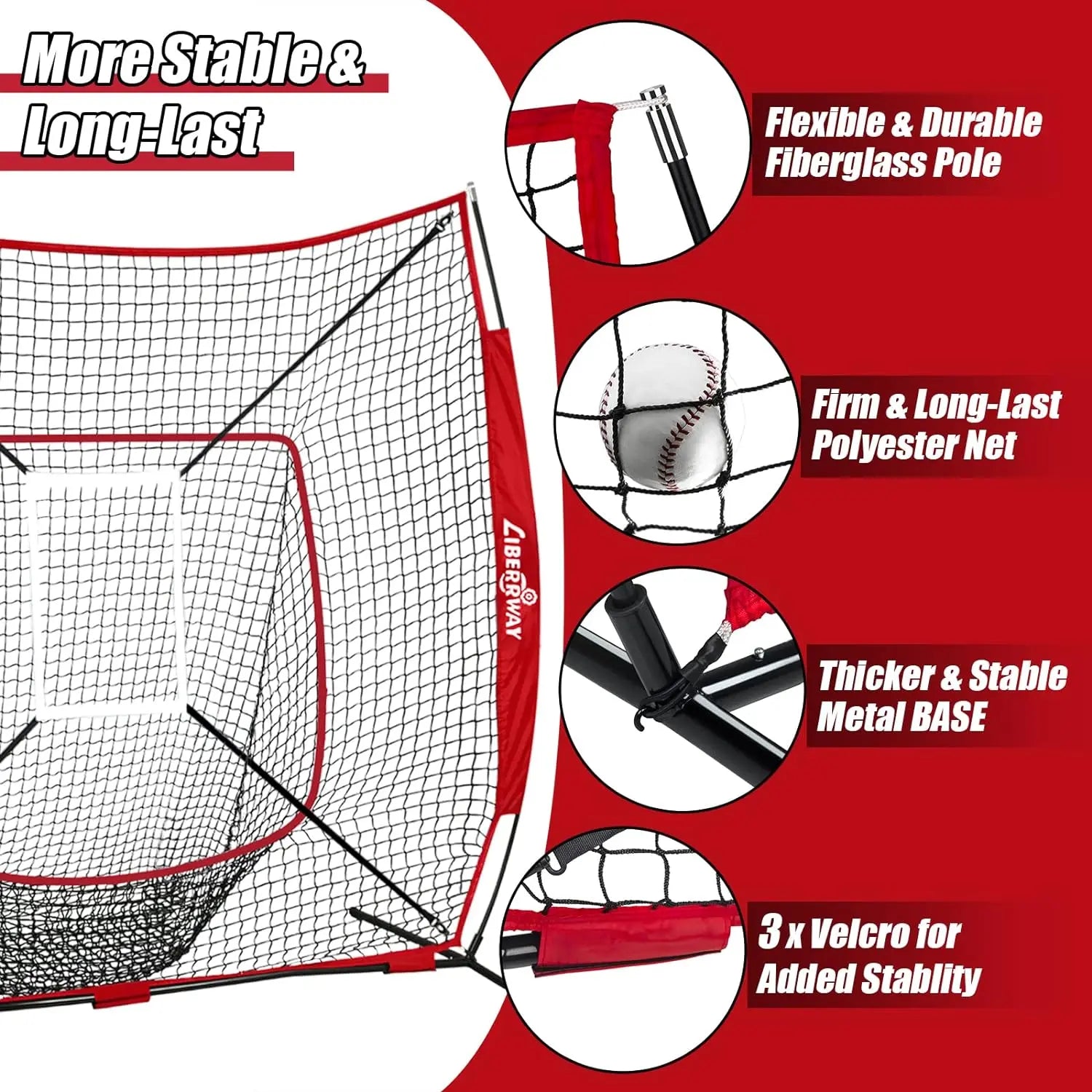 LIBERRWAY Baseball and Softball Practice Net 7×7ft Portable Hitting Pitching Batting Training Net Baseball Backstop Net with Batting Tee Ball Caddy Strike Zone Bow Frame Baseballs Carry Bag Black Red offpricesports