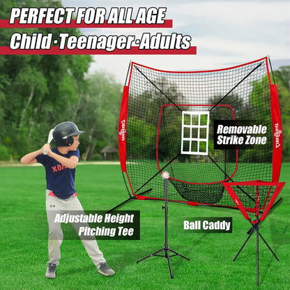 LIBERRWAY Baseball and Softball Practice Net 7×7ft Portable Hitting Pitching Batting Training Net Baseball Backstop Net with Batting Tee Ball Caddy Strike Zone Bow Frame Baseballs Carry Bag Black Red offpricesports