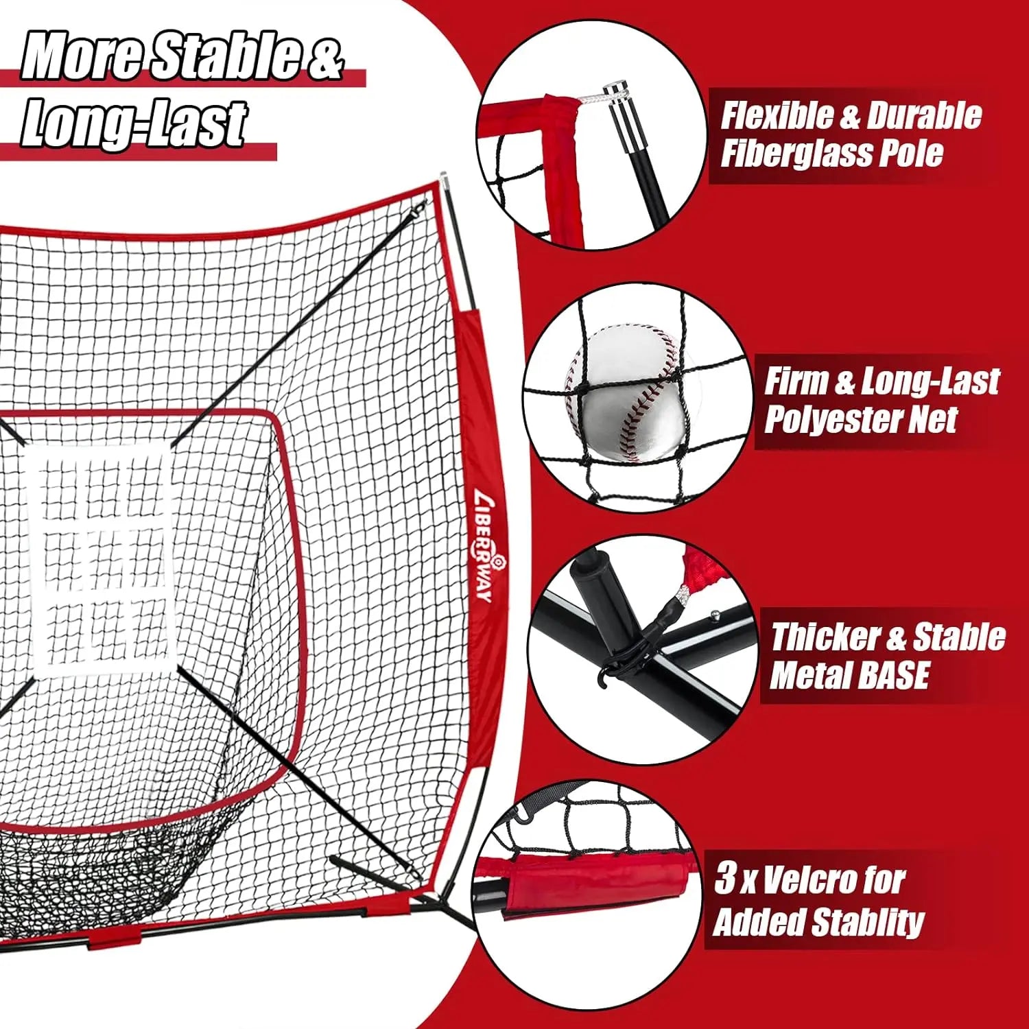 LIBERRWAY Baseball and Softball Practice Net 7×7ft Portable Hitting Pitching Batting Training Net Baseball Backstop Net with Batting Tee Ball Caddy Strike Zone Bow Frame Baseballs Carry Bag Black Red offpricesports