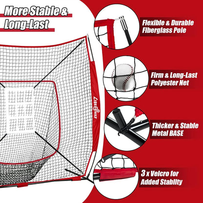 LIBERRWAY Baseball and Softball Practice Net 7×7ft Portable Hitting Pitching Batting Training Net Baseball Backstop Net with Batting Tee Ball Caddy Strike Zone Bow Frame Baseballs Carry Bag Black Red offpricesports