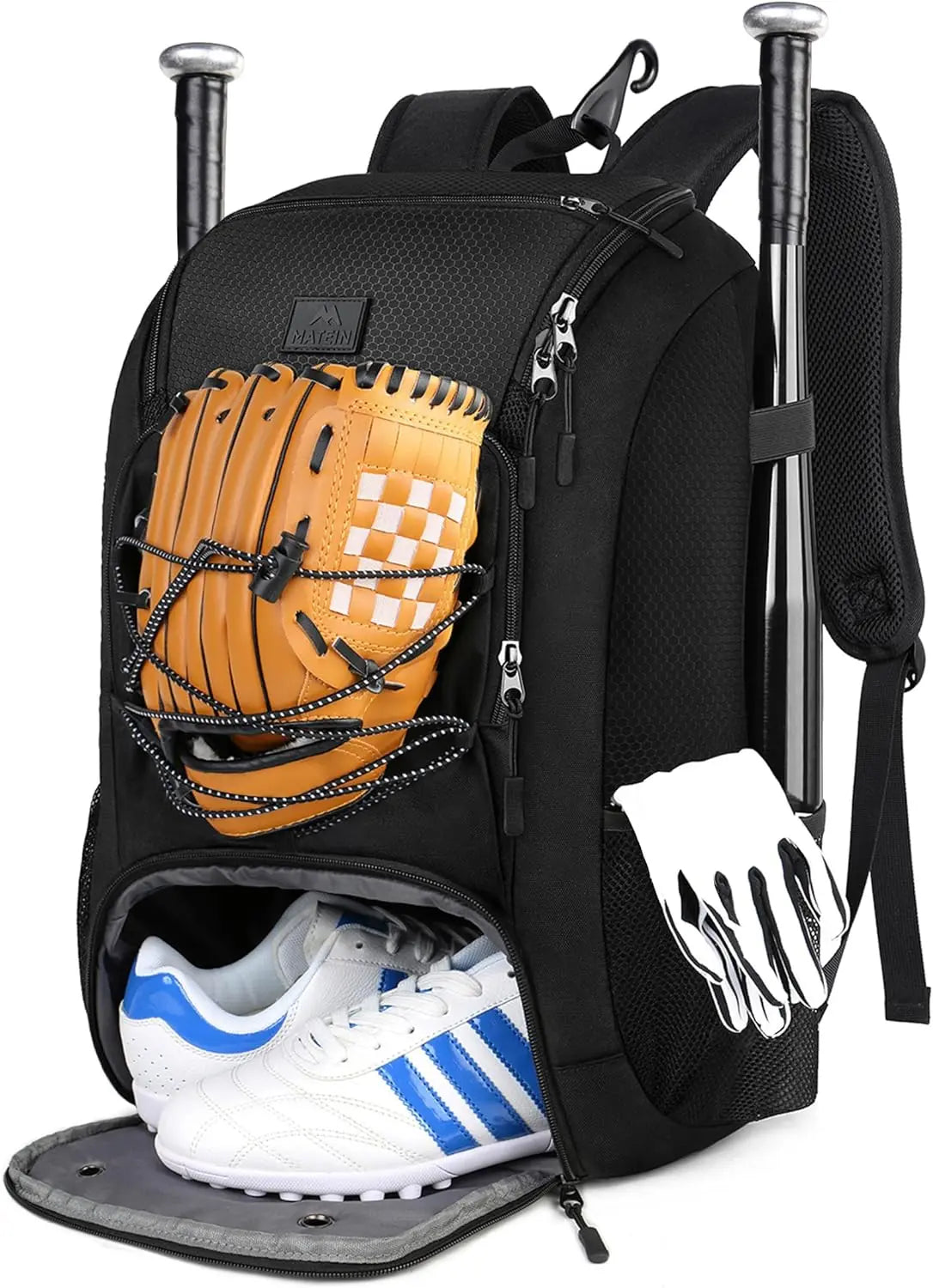 MATEIN Baseball Backpack, Softball Bat Bag with Shoes Compartment for Youth, Boys and Adult, Lightweight Baseball Bag with Fence Hook Hold TBall Bat, Batting Mitten, Helmet, Caps, Teeball Gear - offpricesports