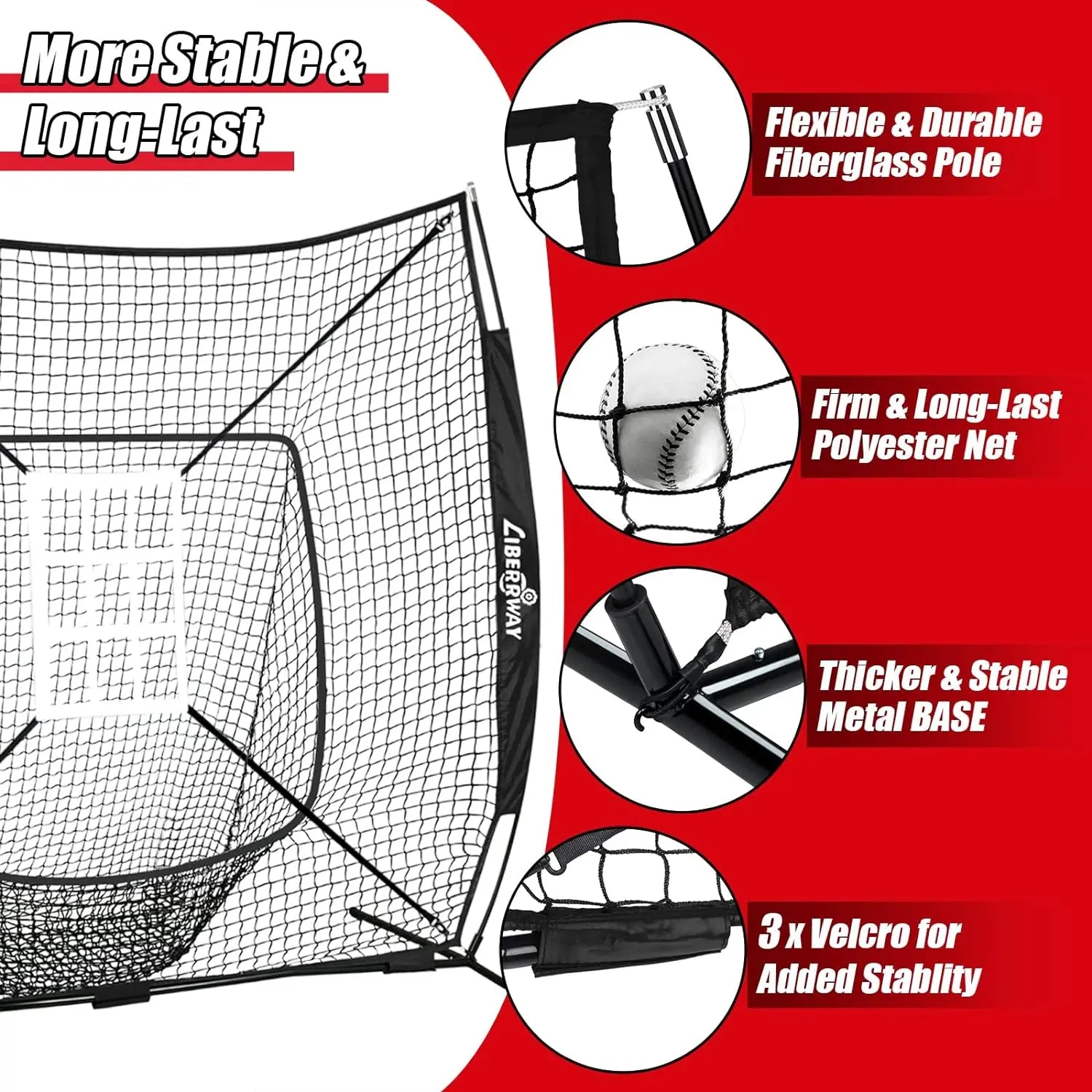 LIBERRWAY Baseball and Softball Practice Net 7×7ft Portable Hitting Pitching Batting Training Net Baseball Backstop Net with Batting Tee Ball Caddy Strike Zone Bow Frame Baseballs Carry Bag Black Red offpricesports