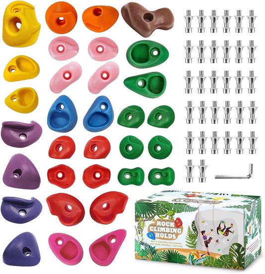 TOPNEW 32 Rock Climbing Holds Multi Size for Kids, Adult Rock Wall Holds Climbing Rock Wall Grips for Indoor and Outdoor Playground Play Set - Includes 2 Inch Mounting Hardware - offpricesports